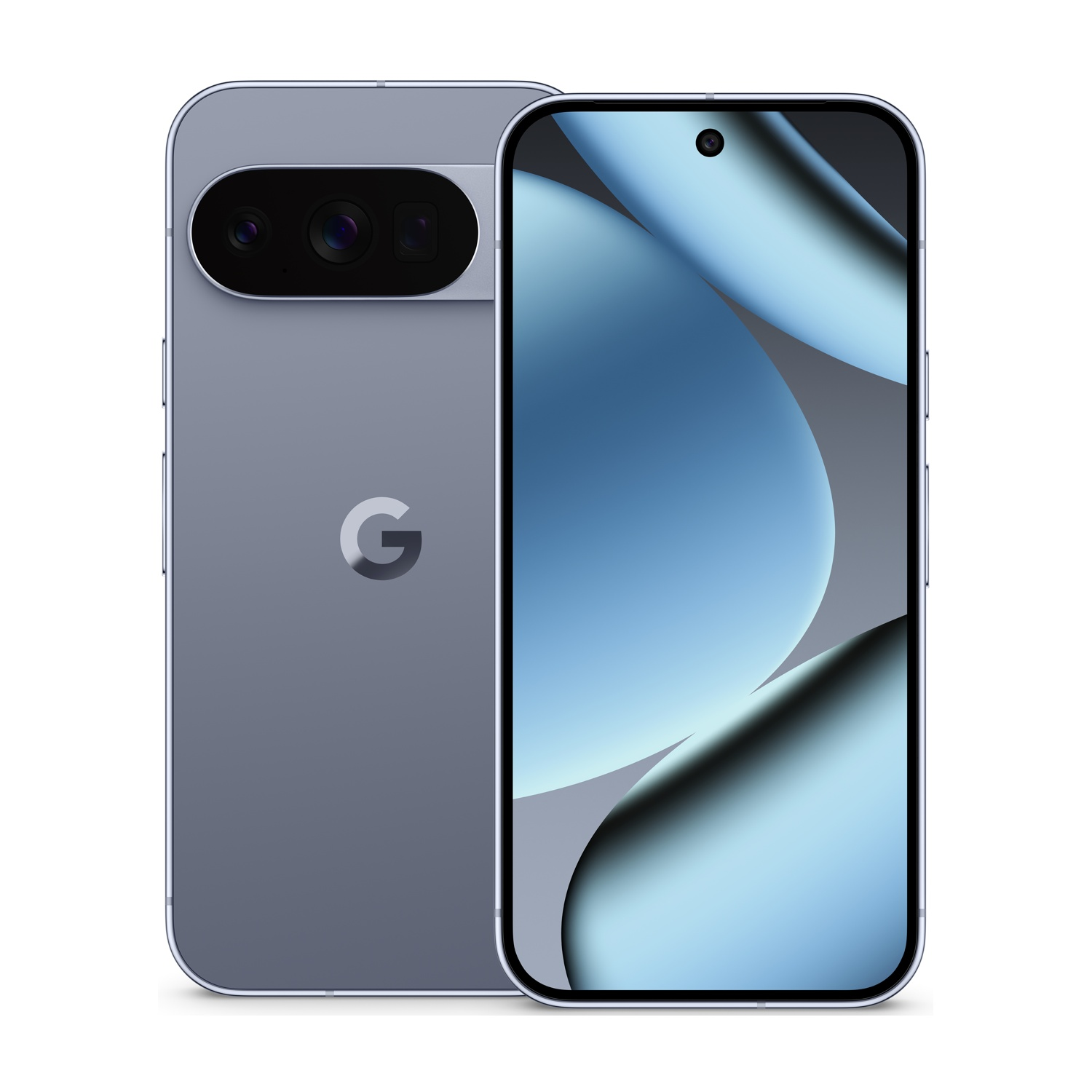 Uno smartphone blu, che mostra il retro e lo schermo. Il retro mostra una barra della fotocamera e un logo Google. Lo schermo ha una sfumatura blu.