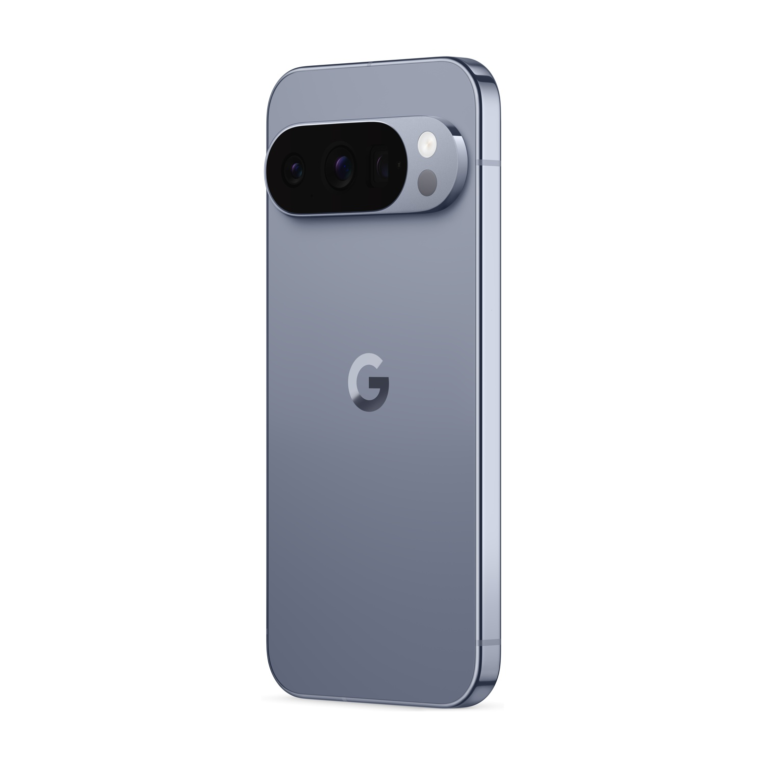 Uno smartphone blu con un modulo fotocamera. Il retro ha un logo 'G'. Il telefono è su sfondo bianco.