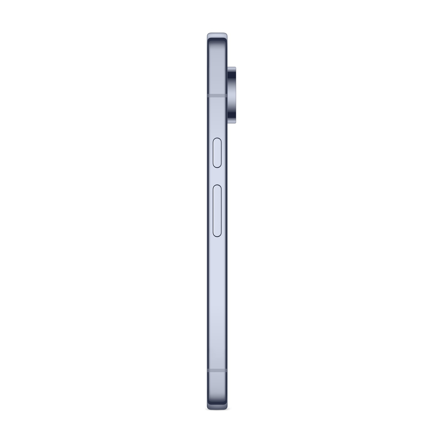 Uno smartphone azzurro è mostrato di lato. Ha pulsanti sul lato e un'estensione per la fotocamera. Lo sfondo è bianco.