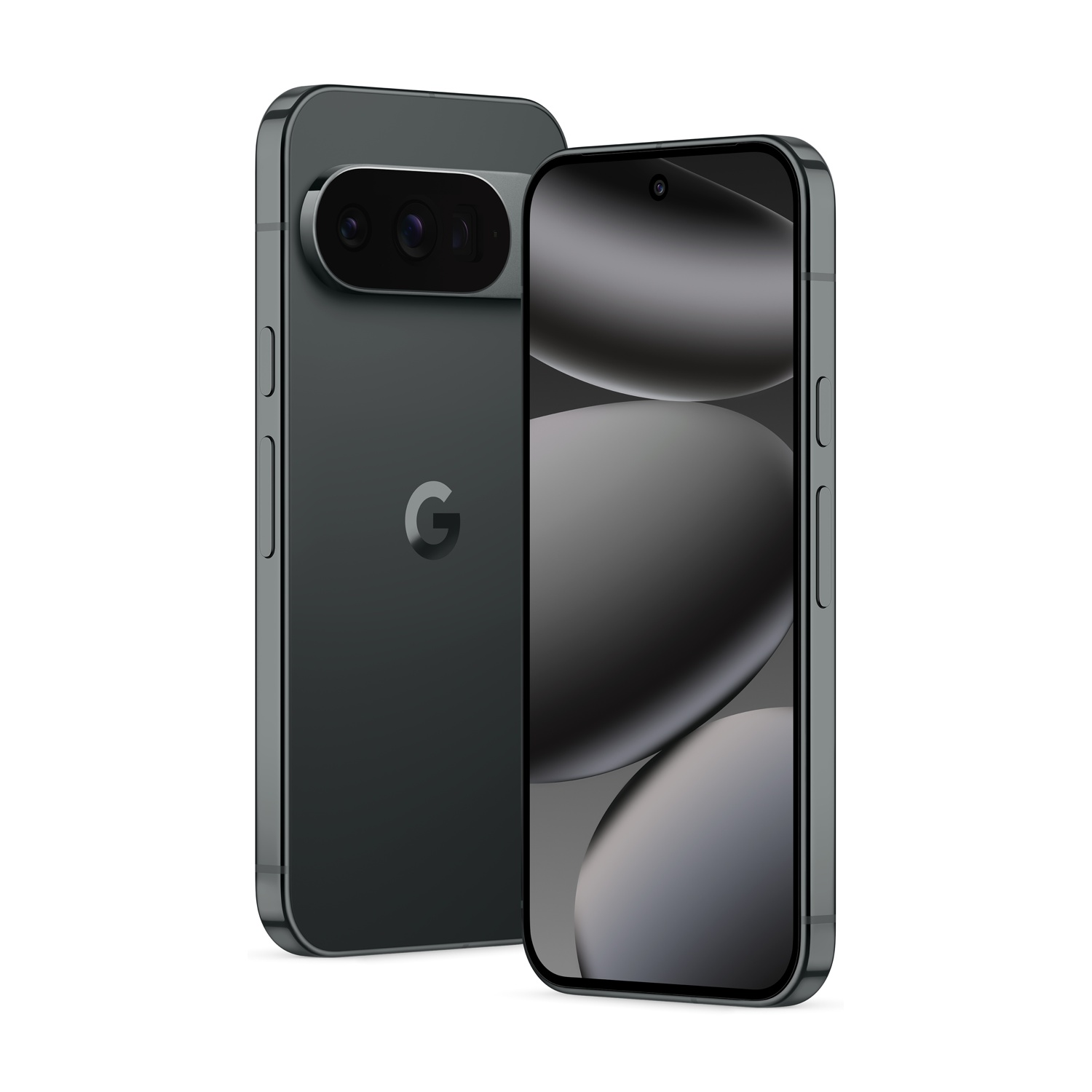Due smartphone grigio scuro. Uno mostra il retro con fotocamere e logo 'G', l'altro lo schermo.