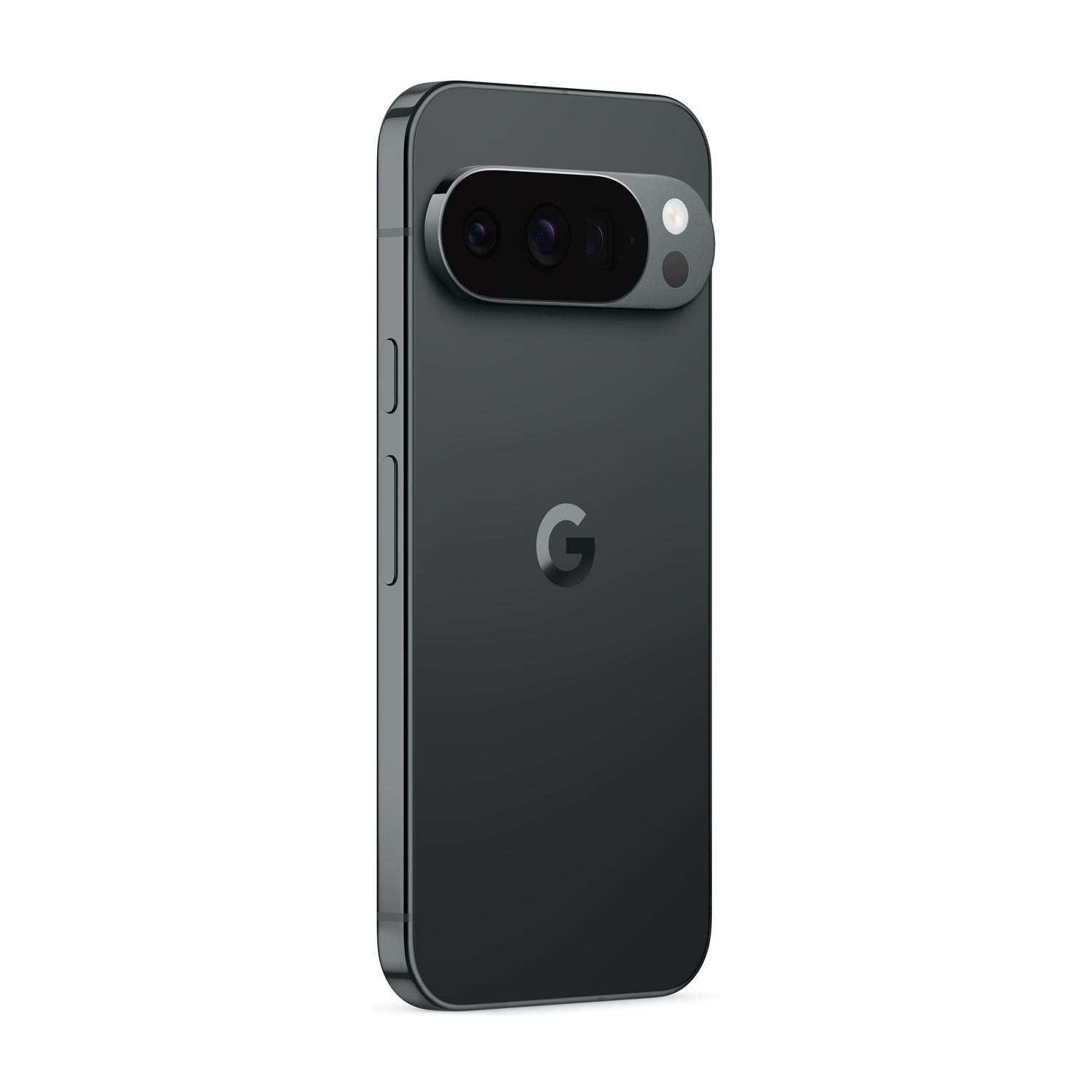 Un telefono Google Pixel grigio scuro, vista posteriore, con una barra della fotocamera. Il logo Google è al centro. Il telefono è su uno sfondo bianco.