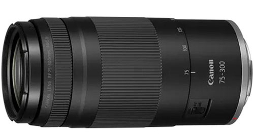 Czarny obiektyw do aparatu Canon RF 75-300mm ze srebrną podstawą. Obiektyw ma karbowane sekcje i białe oznaczenia dla ogniskowych.