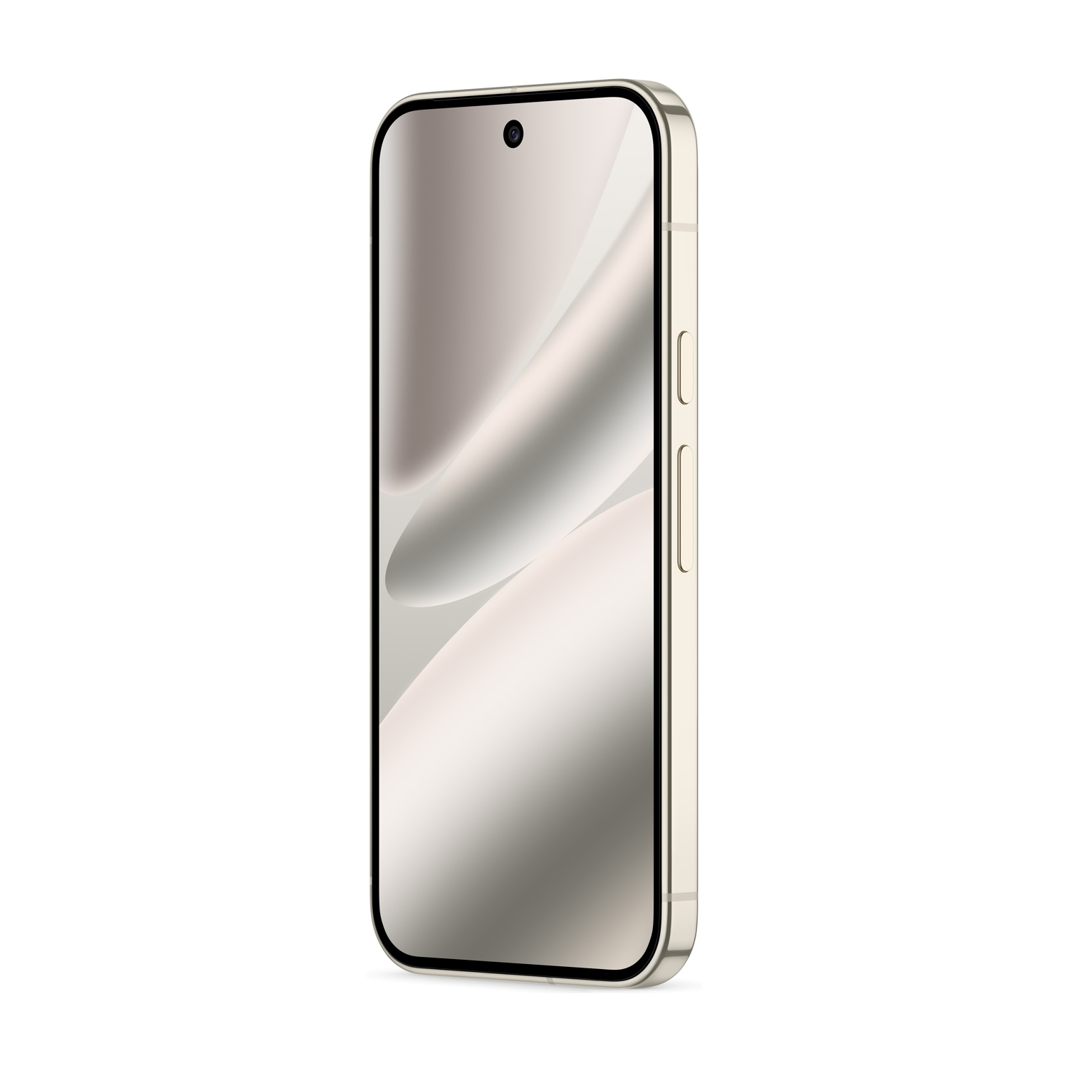 Uno smartphone dorato viene mostrato ad angolo. Lo schermo è acceso, mostrando una sfumatura sfocata. Il telefono è su sfondo bianco.