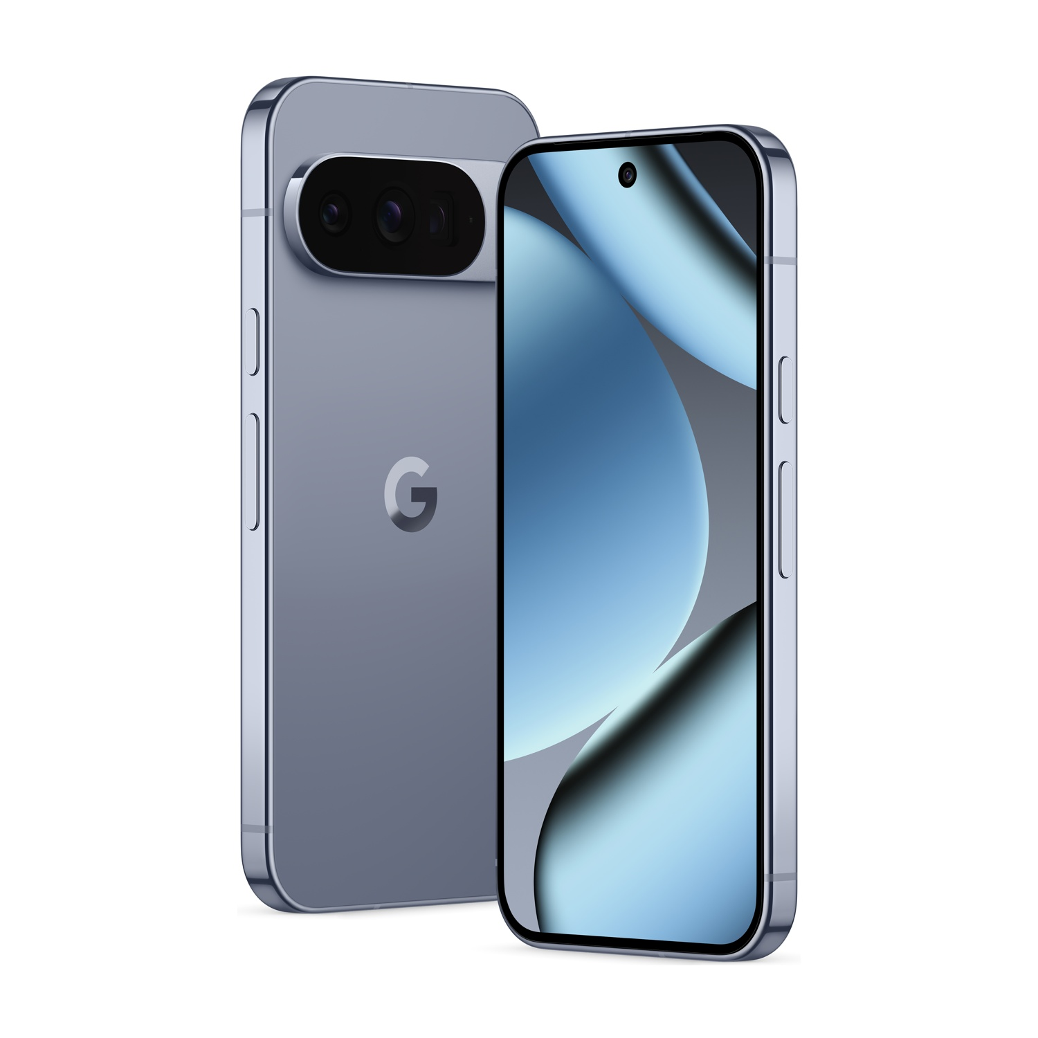 Due smartphone blu su sfondo bianco. Uno mostra uno schermo con cerchi blu. L'altro ha fotocamere e un logo Google.