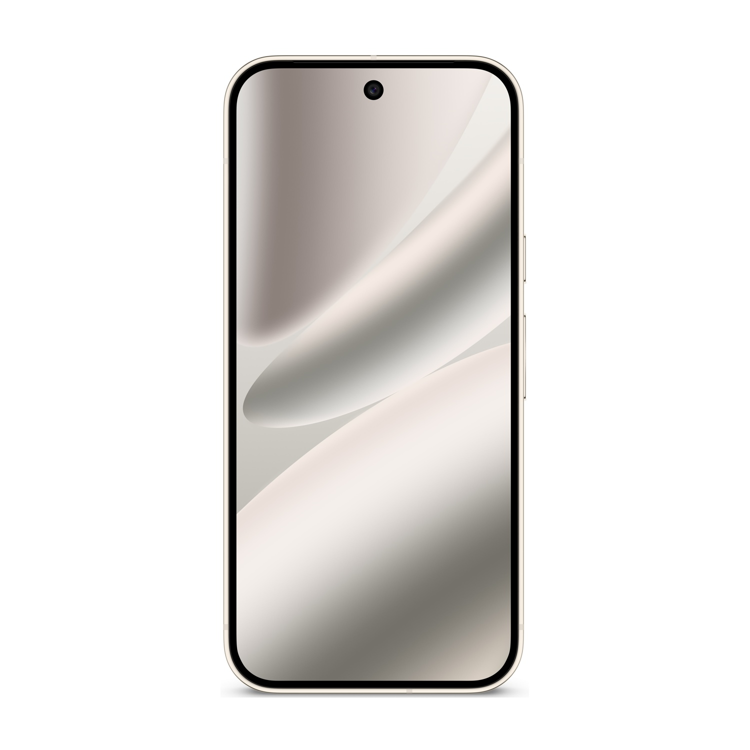 Uno smartphone con cornice dorata e schermo chiaro. Ha una fotocamera in alto. Lo sfondo è bianco.