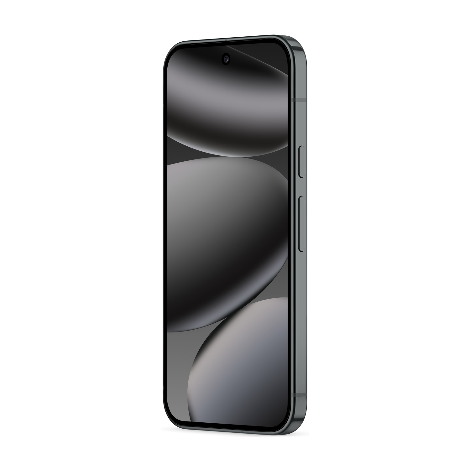 Uno smartphone verde scuro, angolato a destra, su sfondo bianco. Lo schermo mostra una sfumatura scura con forme arrotondate.