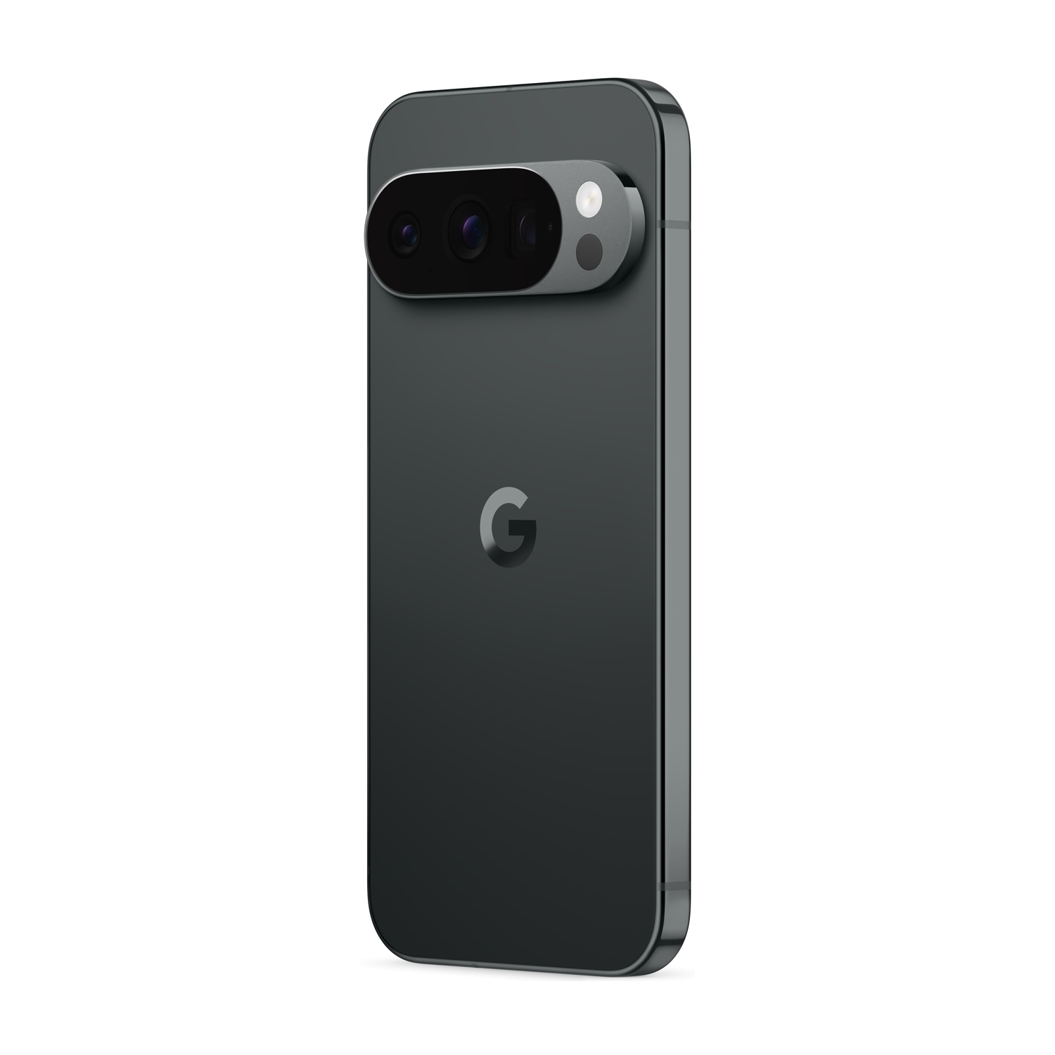 Uno smartphone grigio scuro con una barra della fotocamera, con tre obiettivi e un flash. Il logo Google è visibile sul retro.