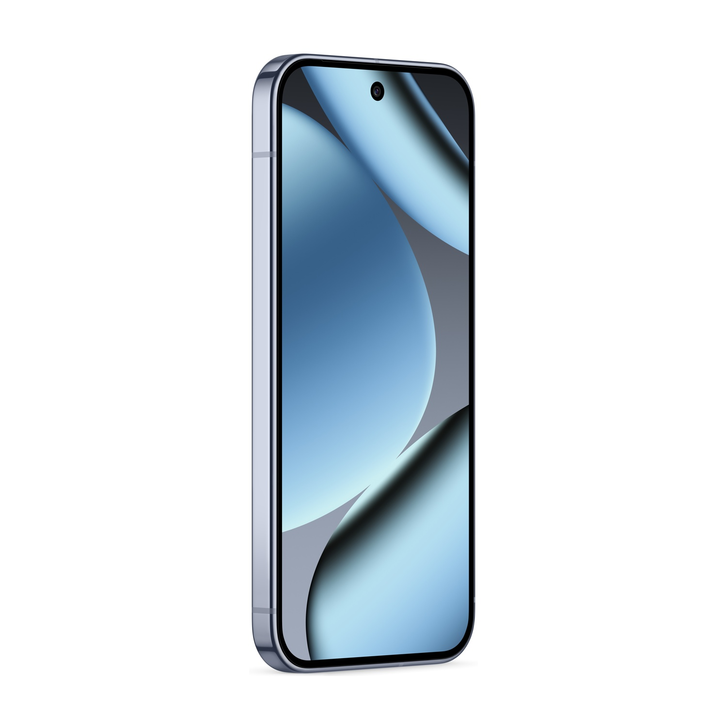 Uno smartphone moderno con schermo blu, cornice argentata e fotocamera nera. Lo sfondo è bianco.