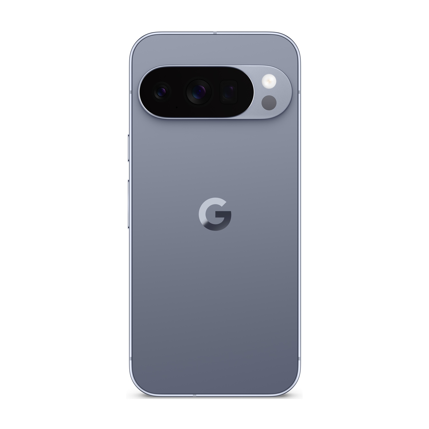 Retro di uno smartphone grigio. Ha una barra della fotocamera e un logo Google. Il telefono è su sfondo bianco.
