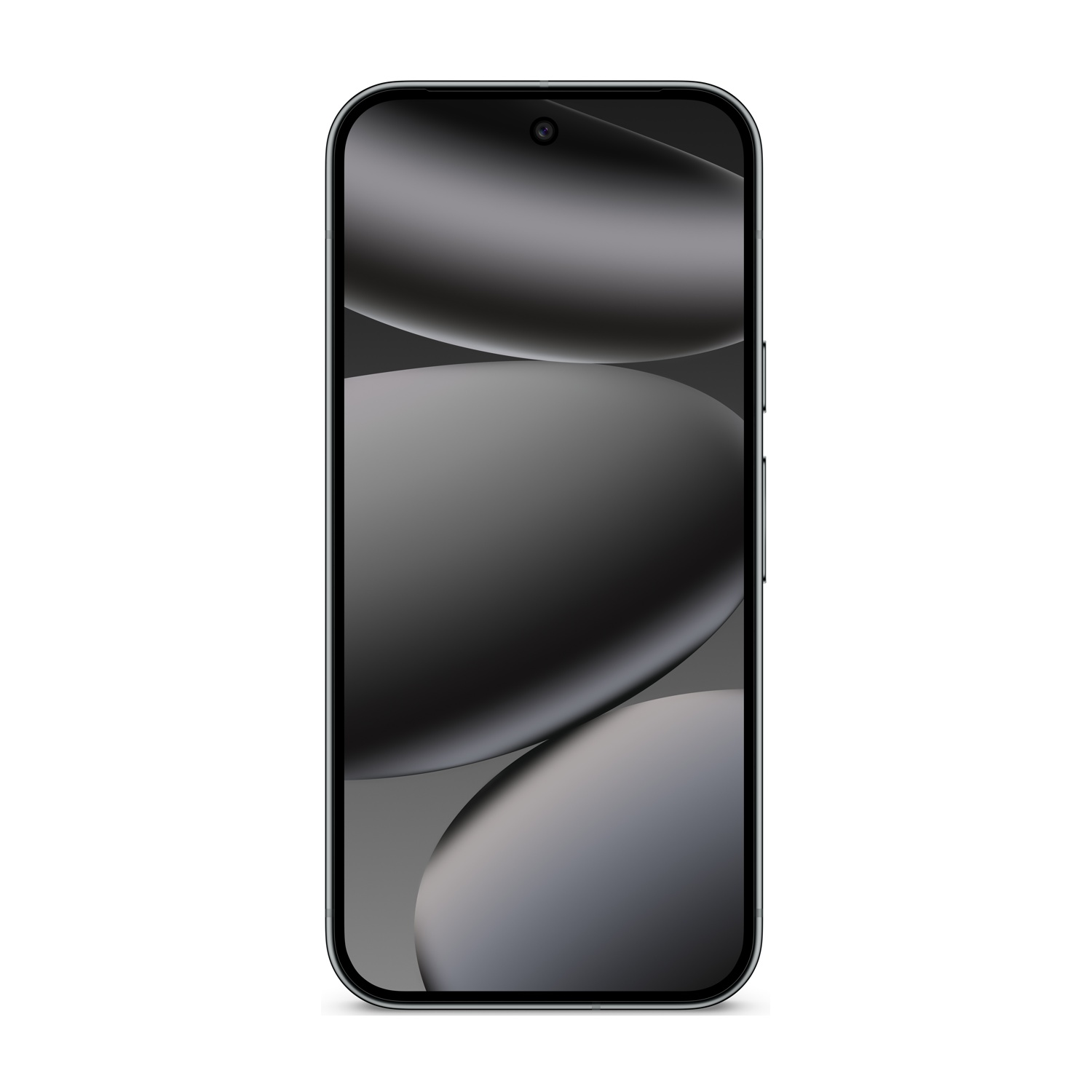 Uno smartphone moderno, cornice e schermo neri, con uno sfondo sfumato di sfere grigie su sfondo bianco. È visibile una fotocamera.