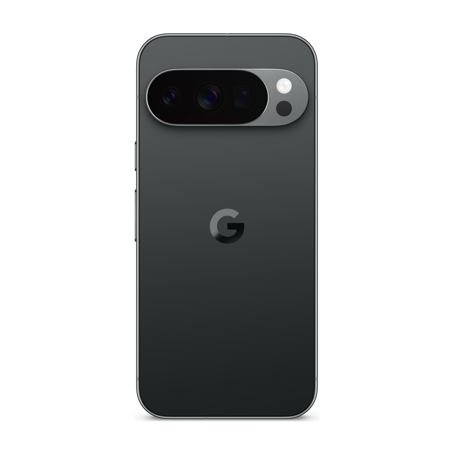 Retro di smartphone grigio scuro con fotocamere, flash e logo Google. Il telefono ha angoli arrotondati.