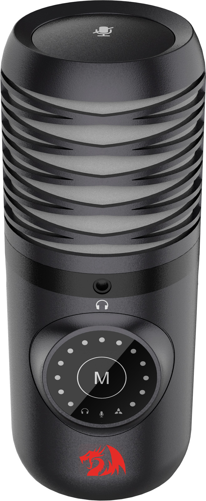 Czarny mikrofon Redragon, cylindryczny z pokrętłem sterowania, przyciskiem wyciszania mikrofonu i gniazdem słuchawkowym.