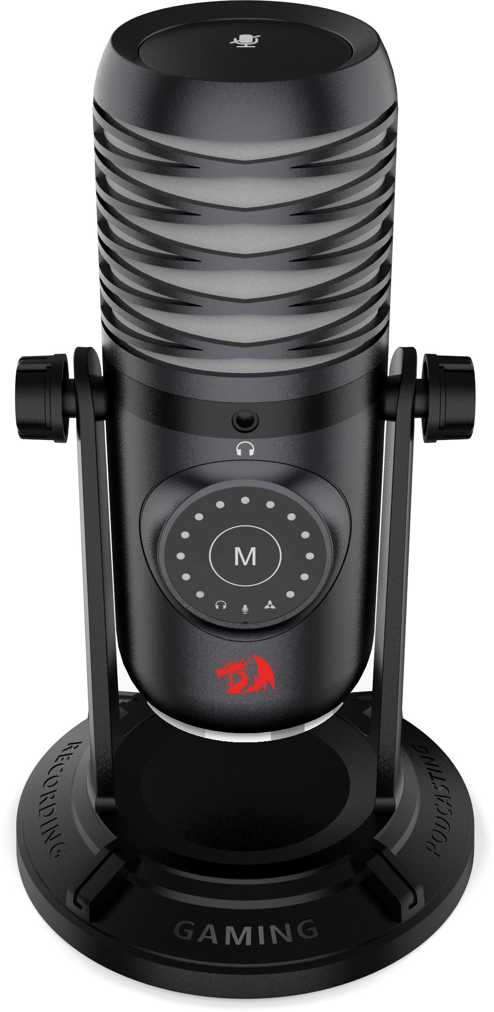 Czarny mikrofon do gier Redragon z okrągłą podstawą i regulowanym stojakiem. Posiada panel przycisków i logo Redragon.