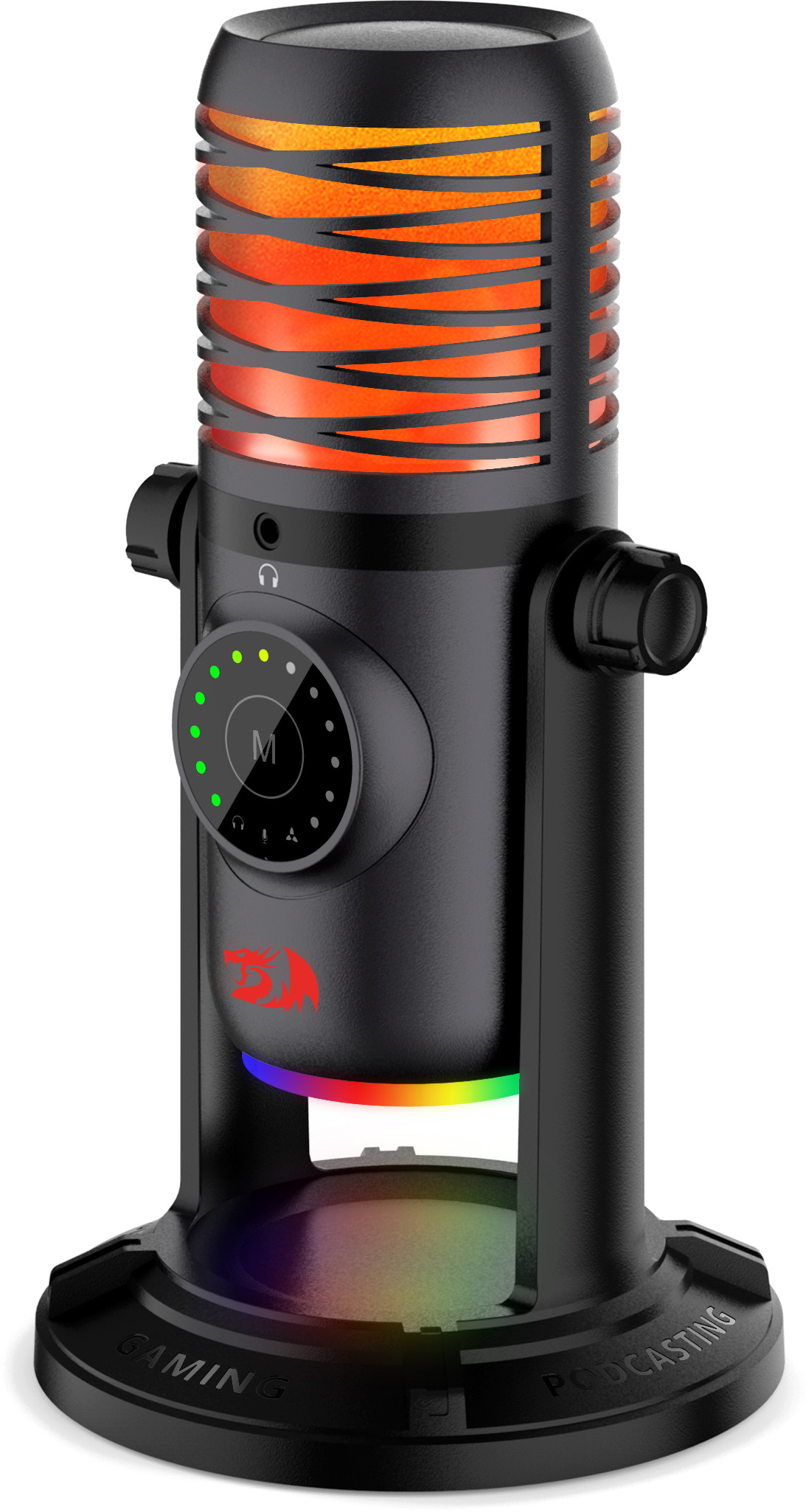 Czarny mikrofon do gier z pomarańczowym wnętrzem, pokrętłem i tęczową podstawą.