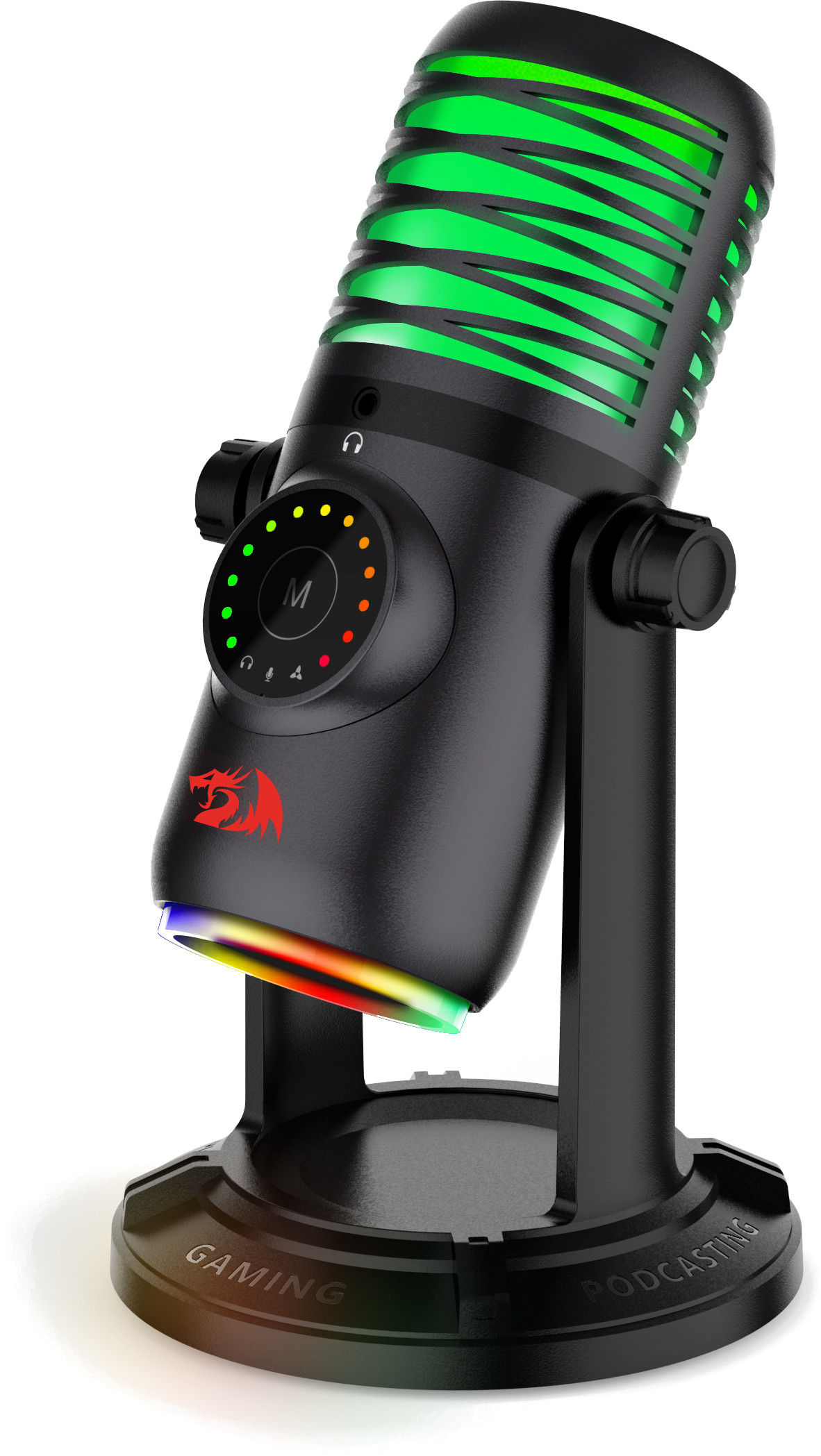 Czarny mikrofon do gier z zielonymi i kolorowymi światłami. Posiada okrągłą podstawę i logo smoka.