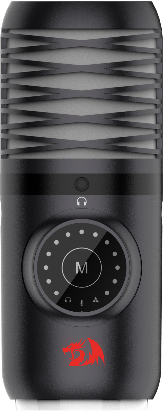 Czarny mikrofon z okrągłym panelem sterowania. Panel ma kropki, symbole i literę 'M'. Czerwone logo smoka na dole.