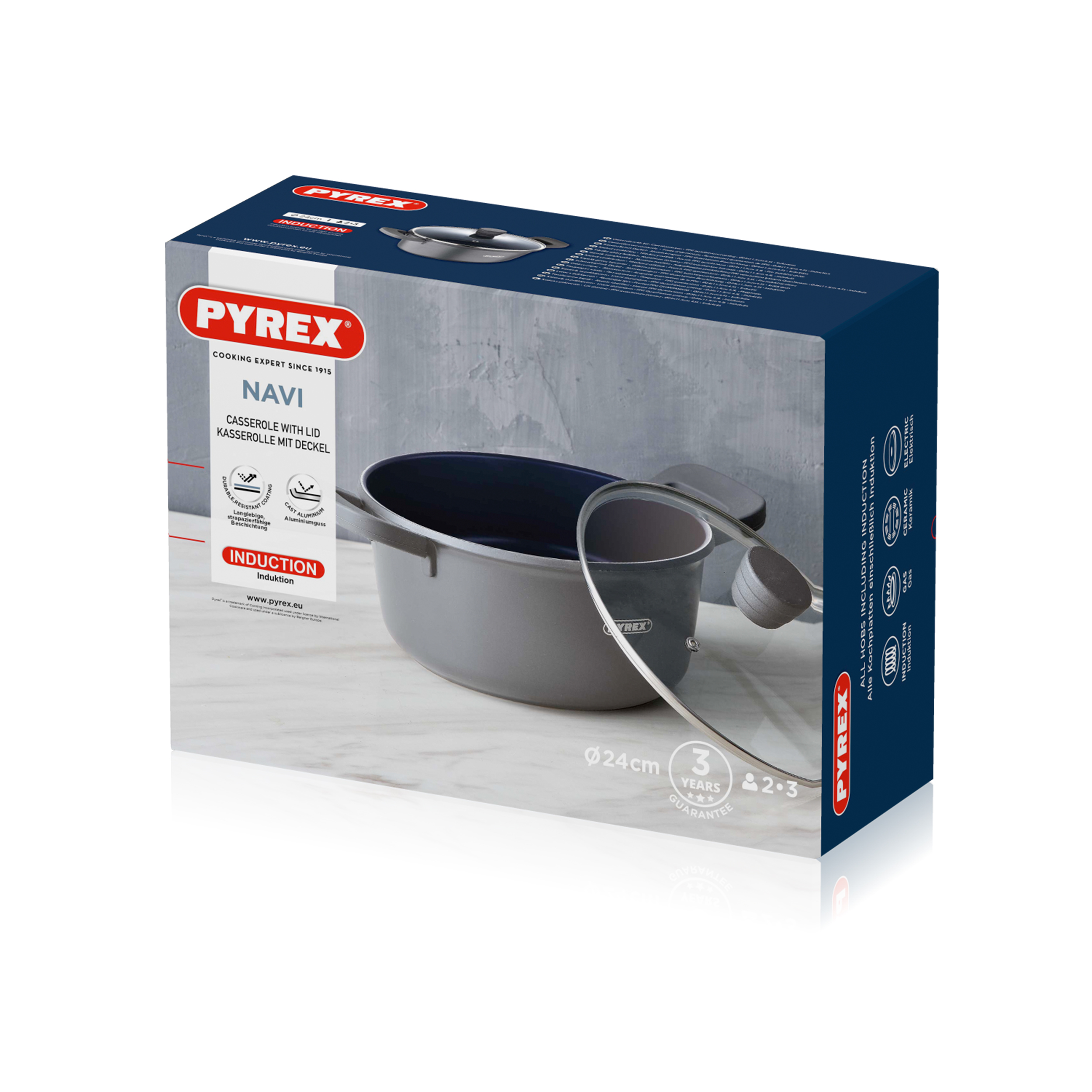 Dobozos Pyrex Navi lábas üvegfedővel. A doboz szürke és kék, termékadatokkal.