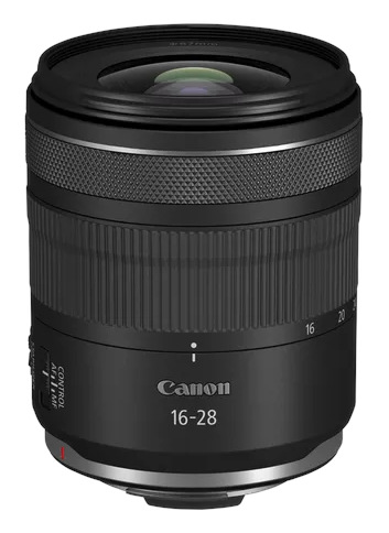 Obiektyw Canon 16-28. Jest czarny ze srebrnymi akcentami. Na obiektywie napis Canon 16-28. Posiada pierścienie ostrości i sterowania.