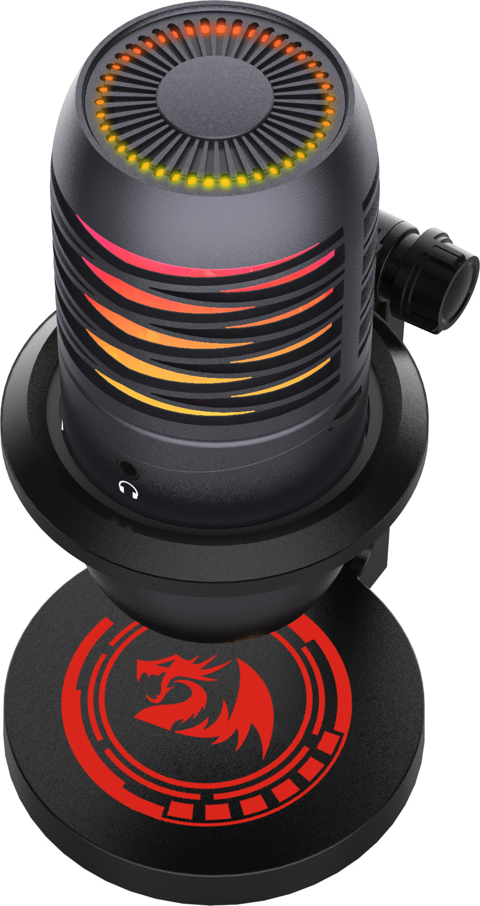 Czarny mikrofon z czerwonymi i żółtymi światłami. Ma okrągłą podstawę z czerwonym logo smoka.