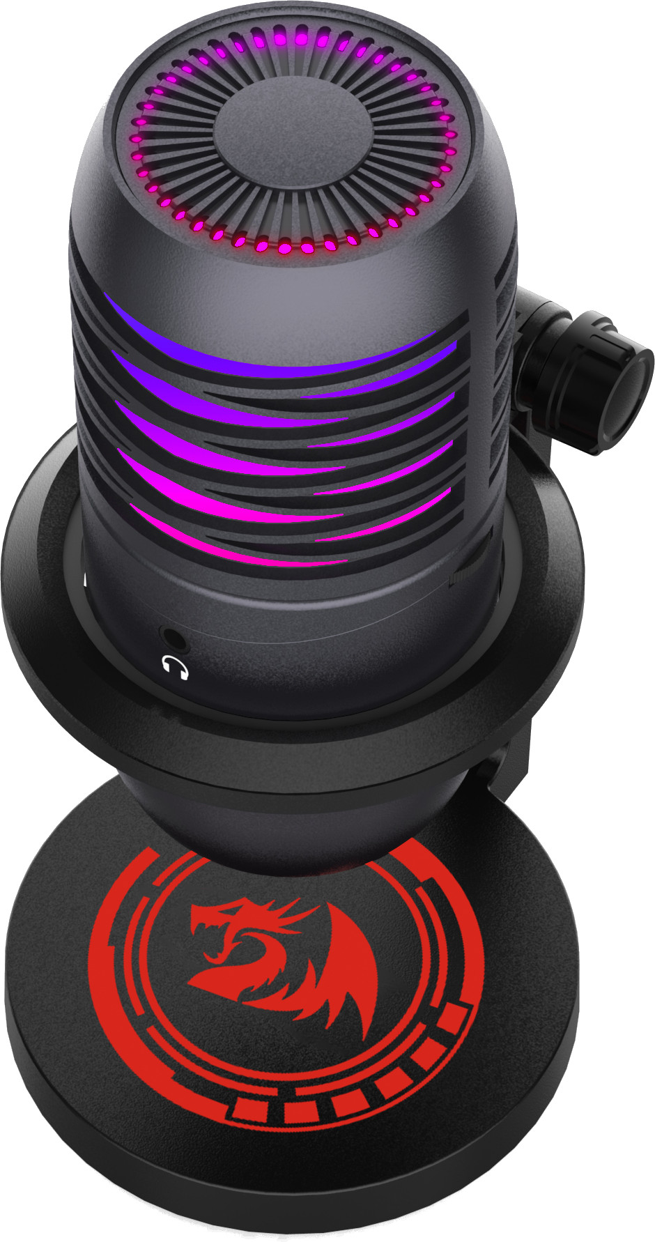 Czarny mikrofon z czerwonym logo smoka na podstawie, fioletowe i różowe światła. Ma metaliczny wygląd i okrągły kształt.