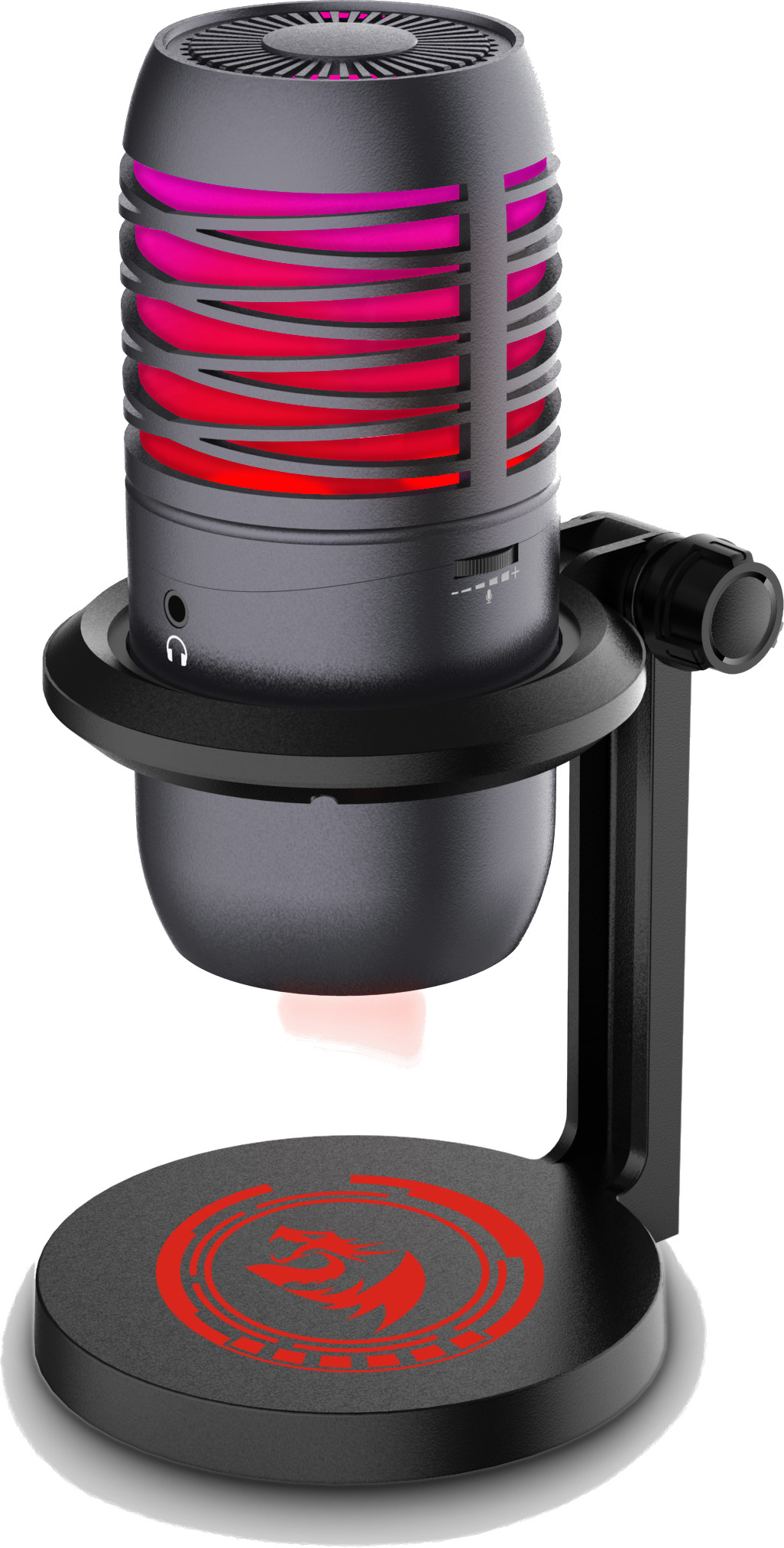 Czarny mikrofon z czerwonymi i różowymi światłami, na stojaku. Podstawa ma czerwone logo smoka.