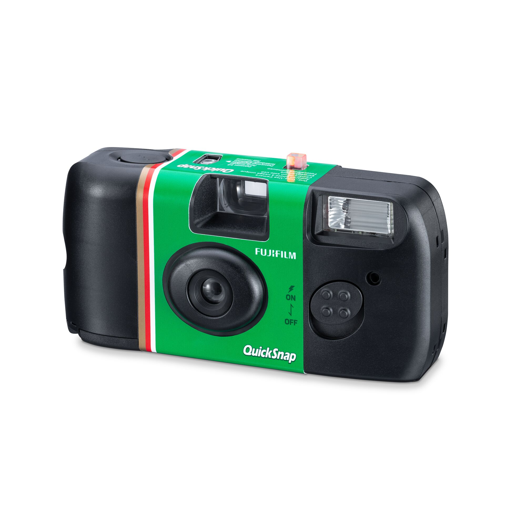 Eine Fujifilm QuickSnap Einwegkamera. Sie ist schwarz mit einem grün-weißen Etikett. Hat Blitz und Linse.