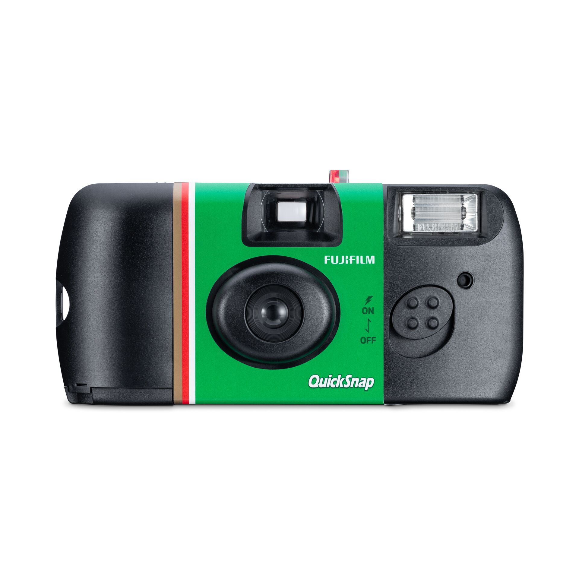Eine schwarz-grüne Fujifilm QuickSnap Kamera auf weißem Hintergrund. Sie hat einen Blitz, ein Objektiv und Knöpfe.