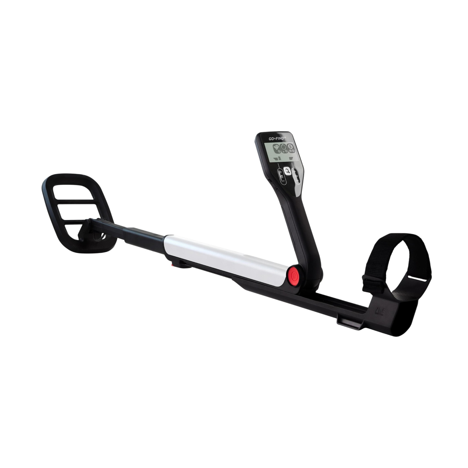 Un metal detector, nero e argento, con display e maniglia. Ha una bobina di ricerca, un bracciolo e un pannello di controllo.