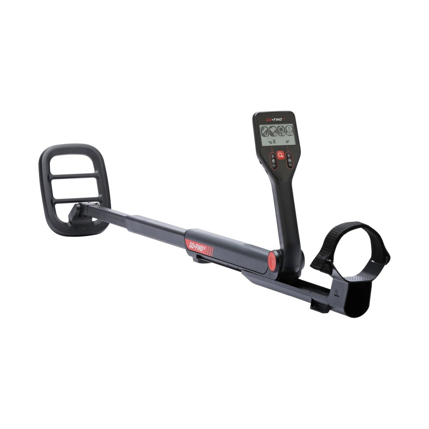 Un metal detector con manico e display neri. Ha una bobina di ricerca, un manico e un bracciolo. Il dispositivo è grigio e nero.