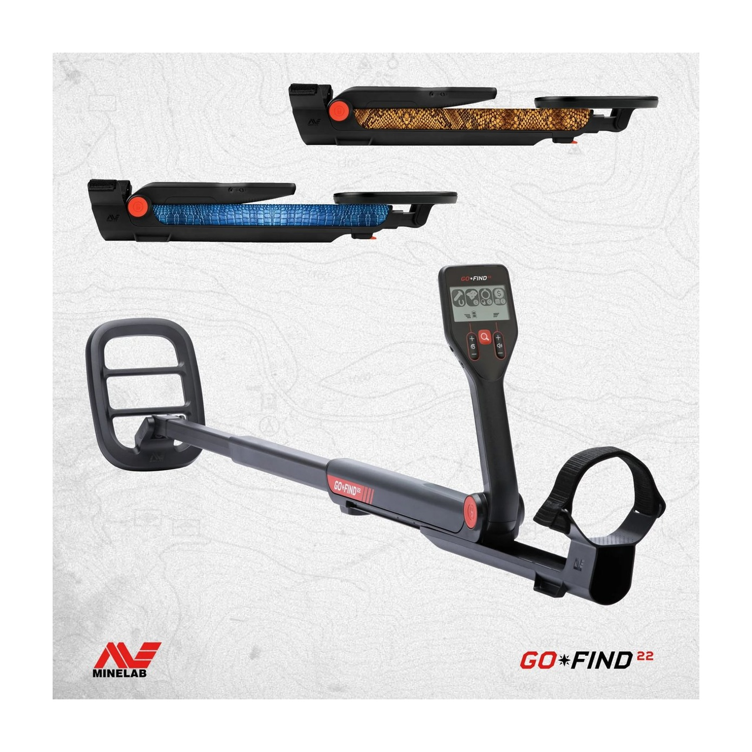 Metal detector su sfondo mappa. Ha display, maniglia, bobina, bracciolo e bobina di ricerca, più altri 2 in alto.