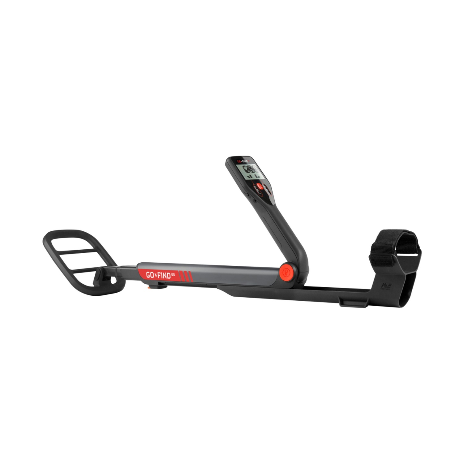 Metal detector con componenti neri e grigi. Ha un display e un'impugnatura. Il marchio Go Find è visibile.