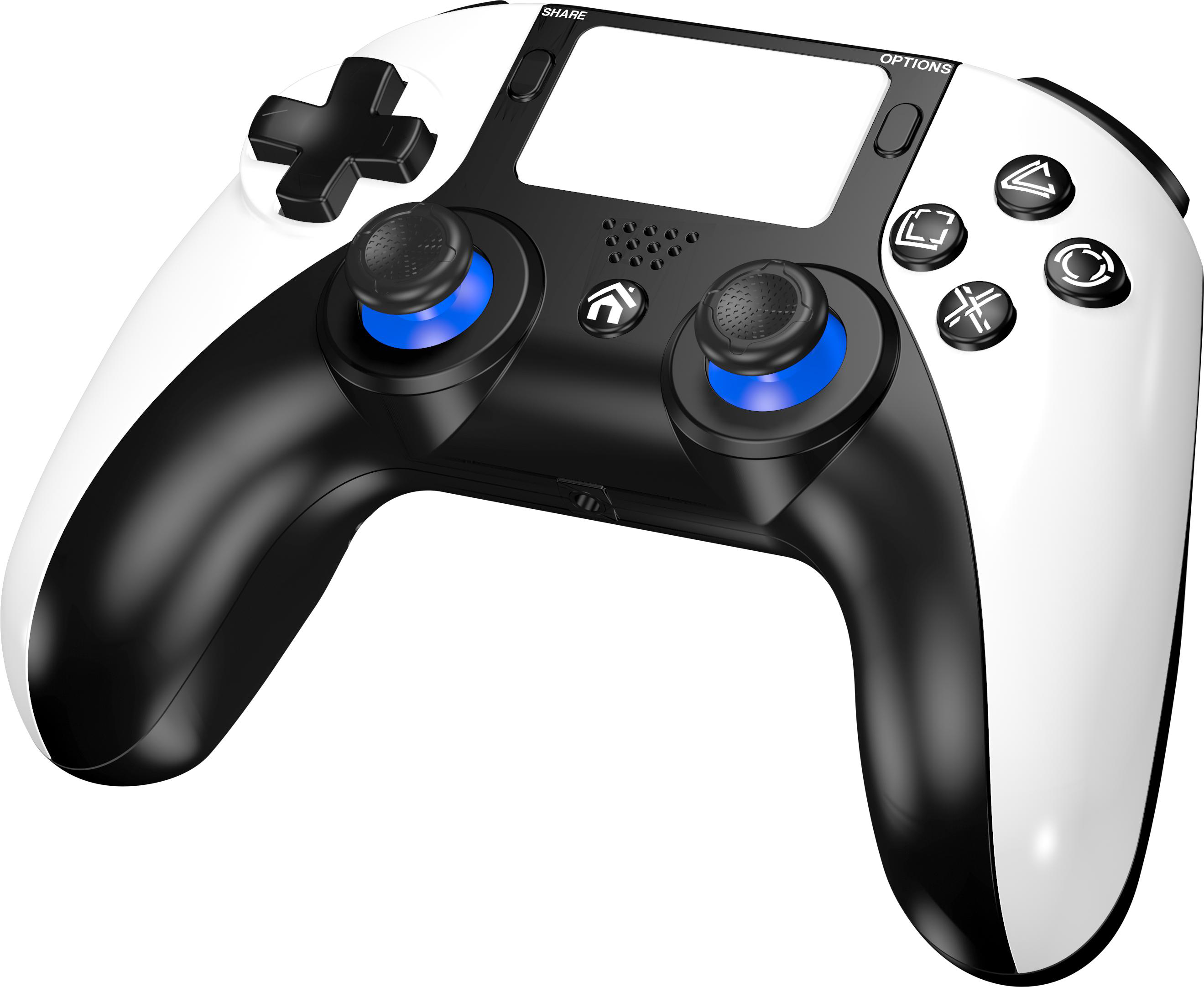 Ein weißes und schwarzes Gamepad mit blauen Joysticks, Tasten und einem zentralen Bildschirm. Es hat ein kreuzförmiges Steuerkreuz.