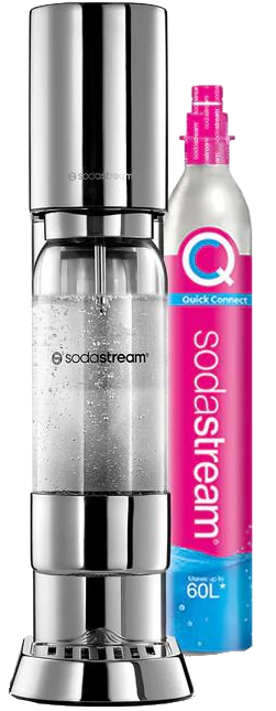 Une machine SodaStream et une bouteille de CO2 rose SodaStream. La machine est argentée avec un récipient d'eau en verre.