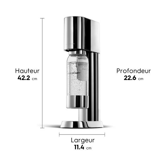 Une machine SodaStream argentée avec une bouteille en verre. Dimensions : 42,2 cm de hauteur, 22,6 cm de profondeur et 11,4 cm de largeur.