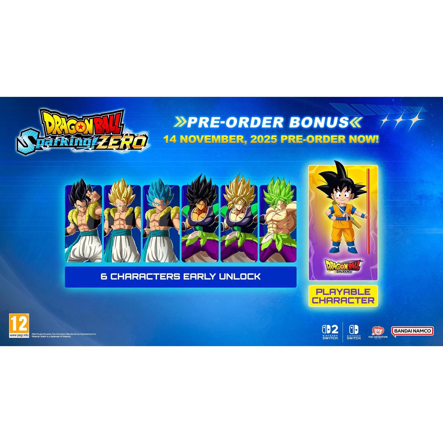 Dragon Ball Sparking Zero game ad. Features multiple characters, Goku as a playable character, and pre-order bonus info.