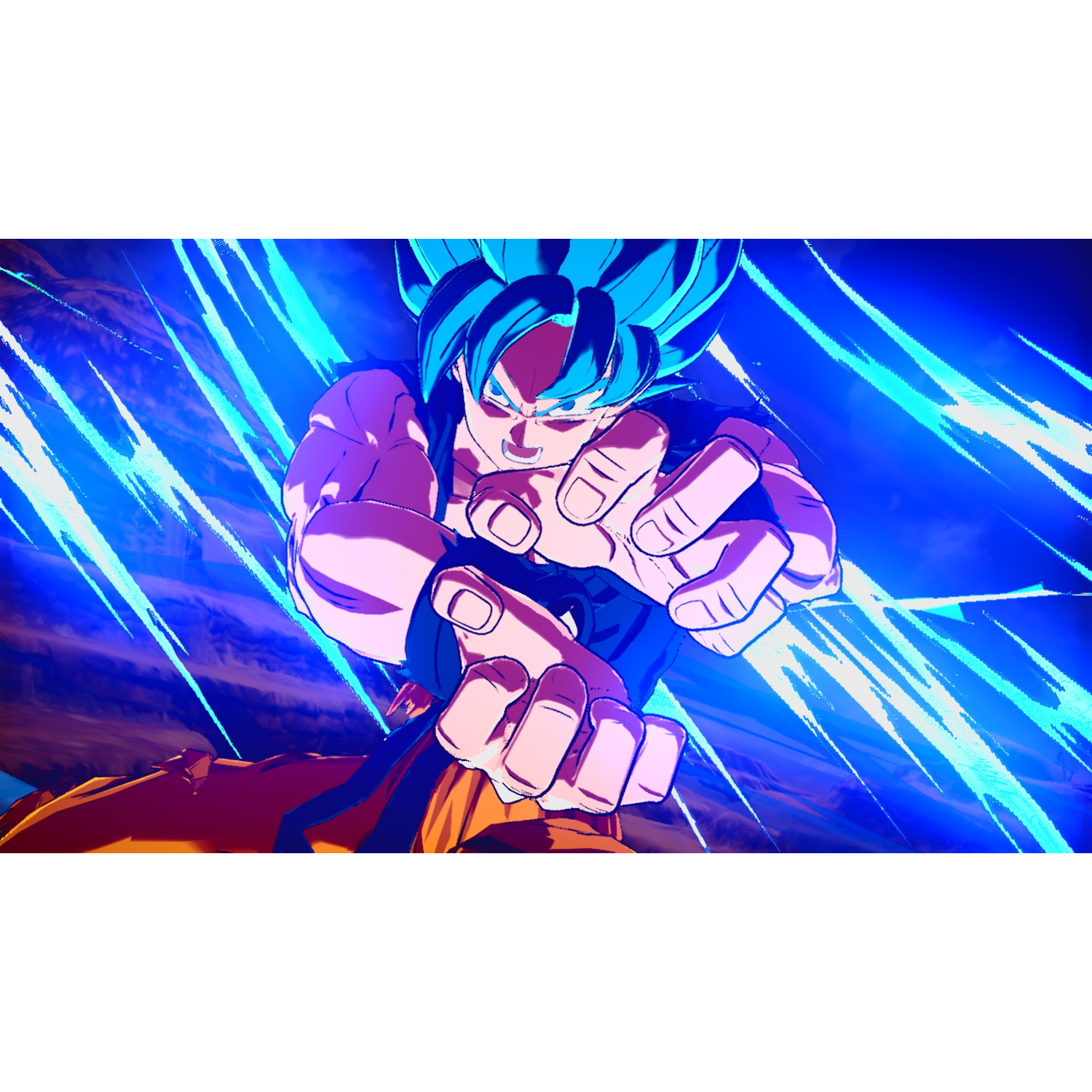 A character with spiky blue hair and a determined face is making a fist. Blue energy streaks behind him. He wears an orange and blue outfit.