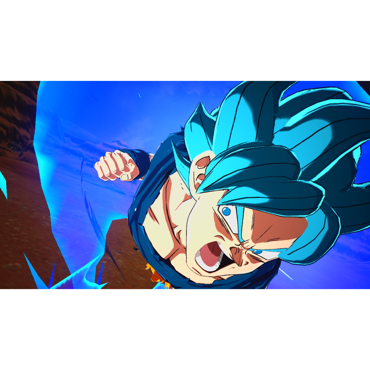 Anime character with blue hair and eyes, yelling. Blue energy surrounds him. The background is a blue sky and brown cliffs.