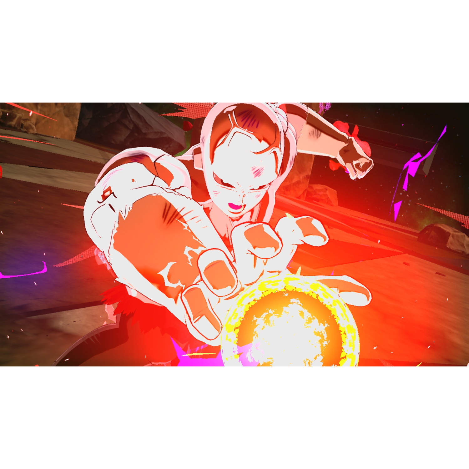 A character with white skin and a red suit is holding a yellow energy ball in their hand. Red and purple lights are in the background.