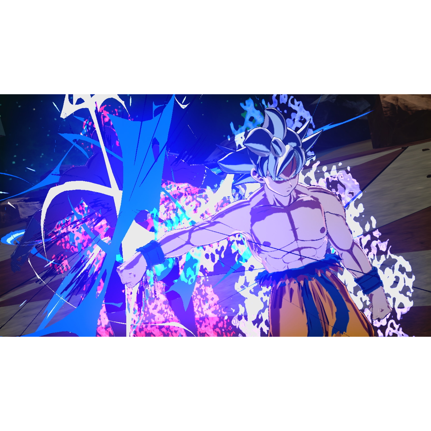 A shirtless anime character with spiky silver hair and orange pants is surrounded by blue and purple energy blasts.