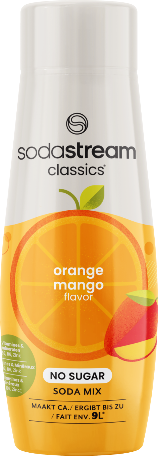 Bouteille de SodaStream saveur orange mangue. Illustration d'orange et mangue. Texte: 'SANS SUCRE'.