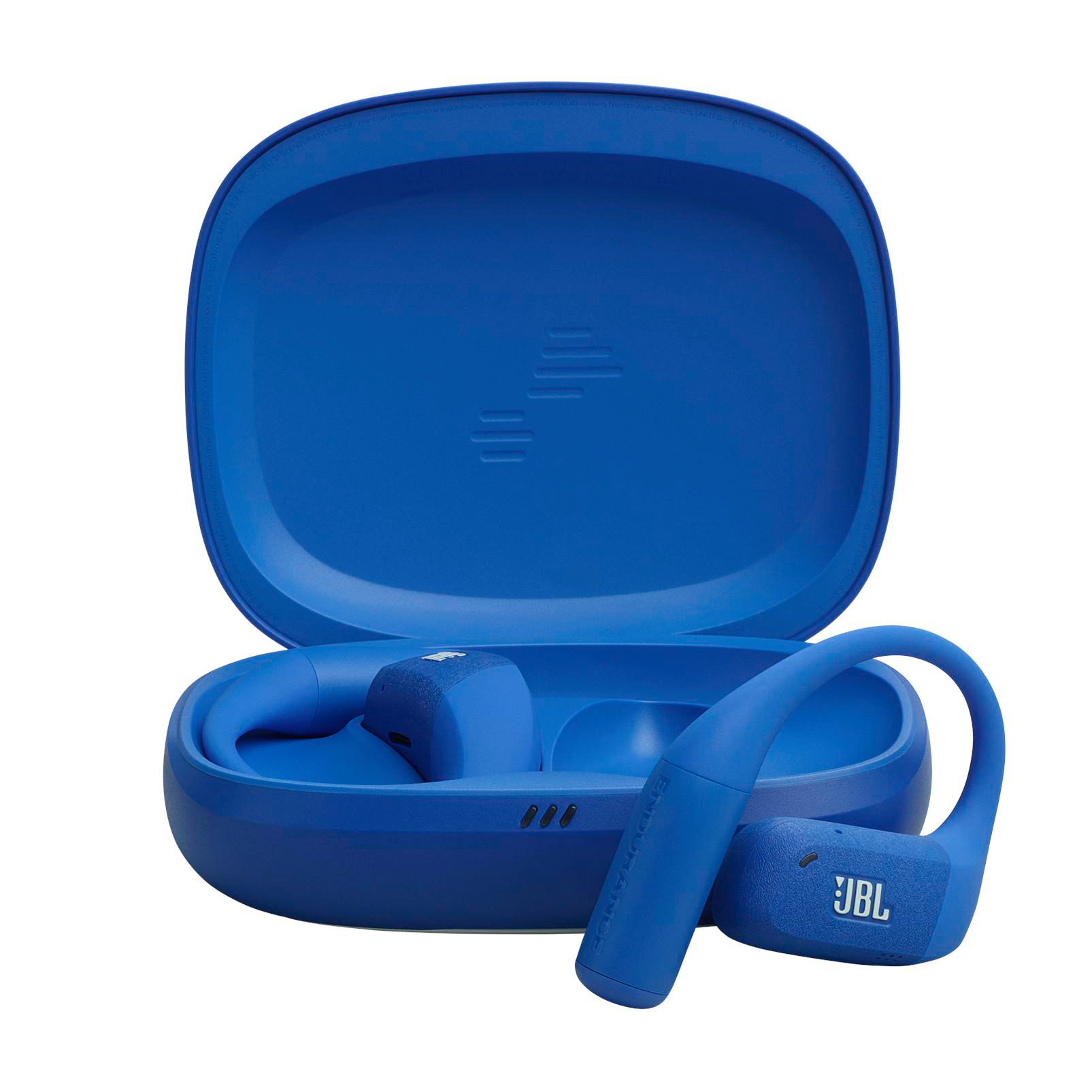 Blaue JBL Endurance Ohrhörer und Hülle. Die Hülle ist geöffnet und zeigt die Ohrhörer. Das JBL-Logo ist sichtbar.