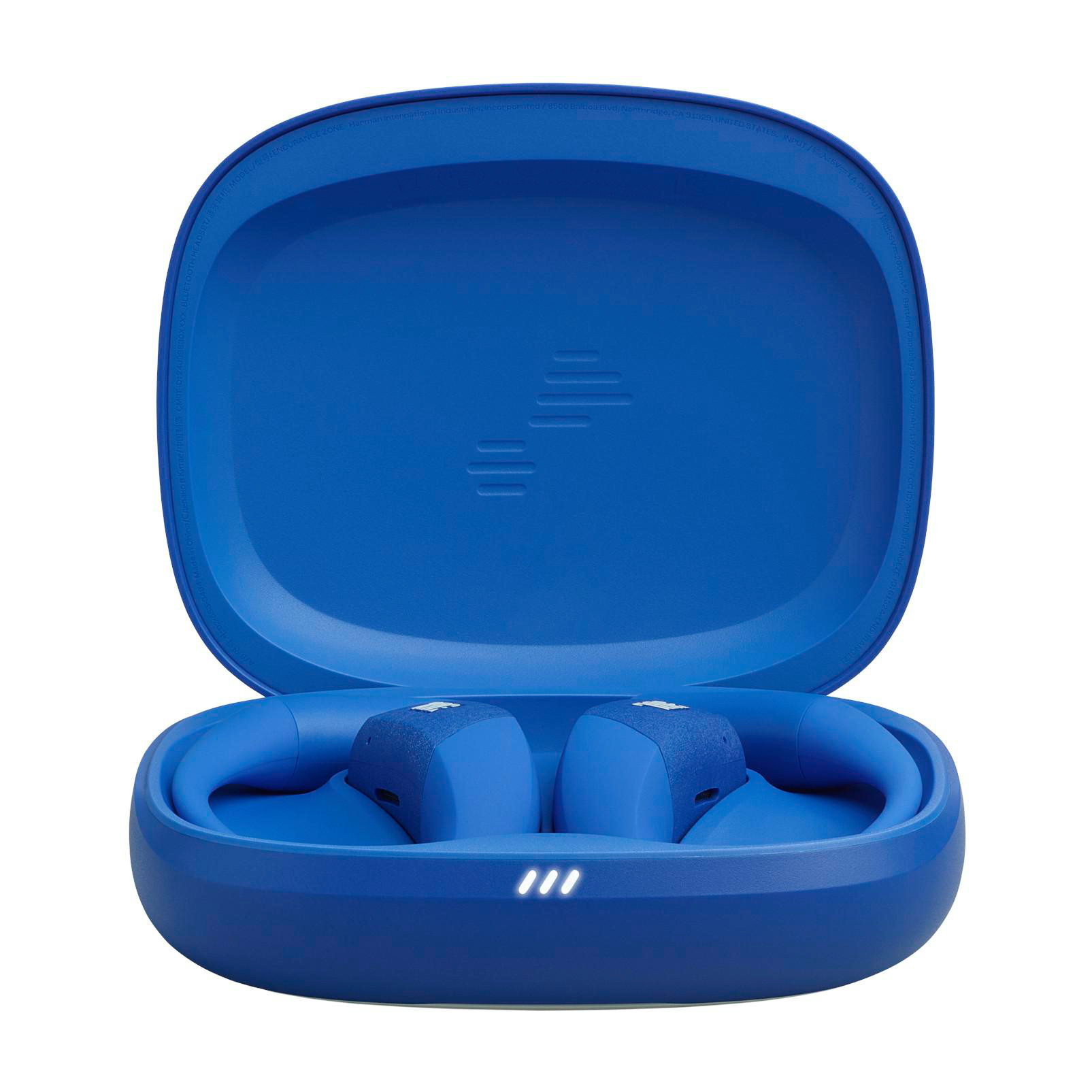 Blaue Ohrhörer in einem blauen Etui. Etui geöffnet, Ohrhörer sichtbar. Weißes Logo auf den Ohrhörern.