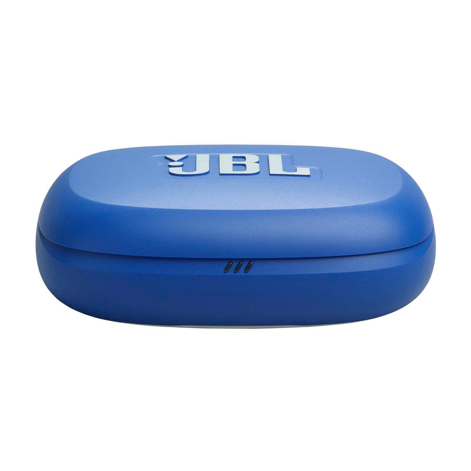 Blaues JBL-Kopfhörer-Etui. Weißes JBL-Logo oben. Drei kleine Punkte vorne. Ovale Form.