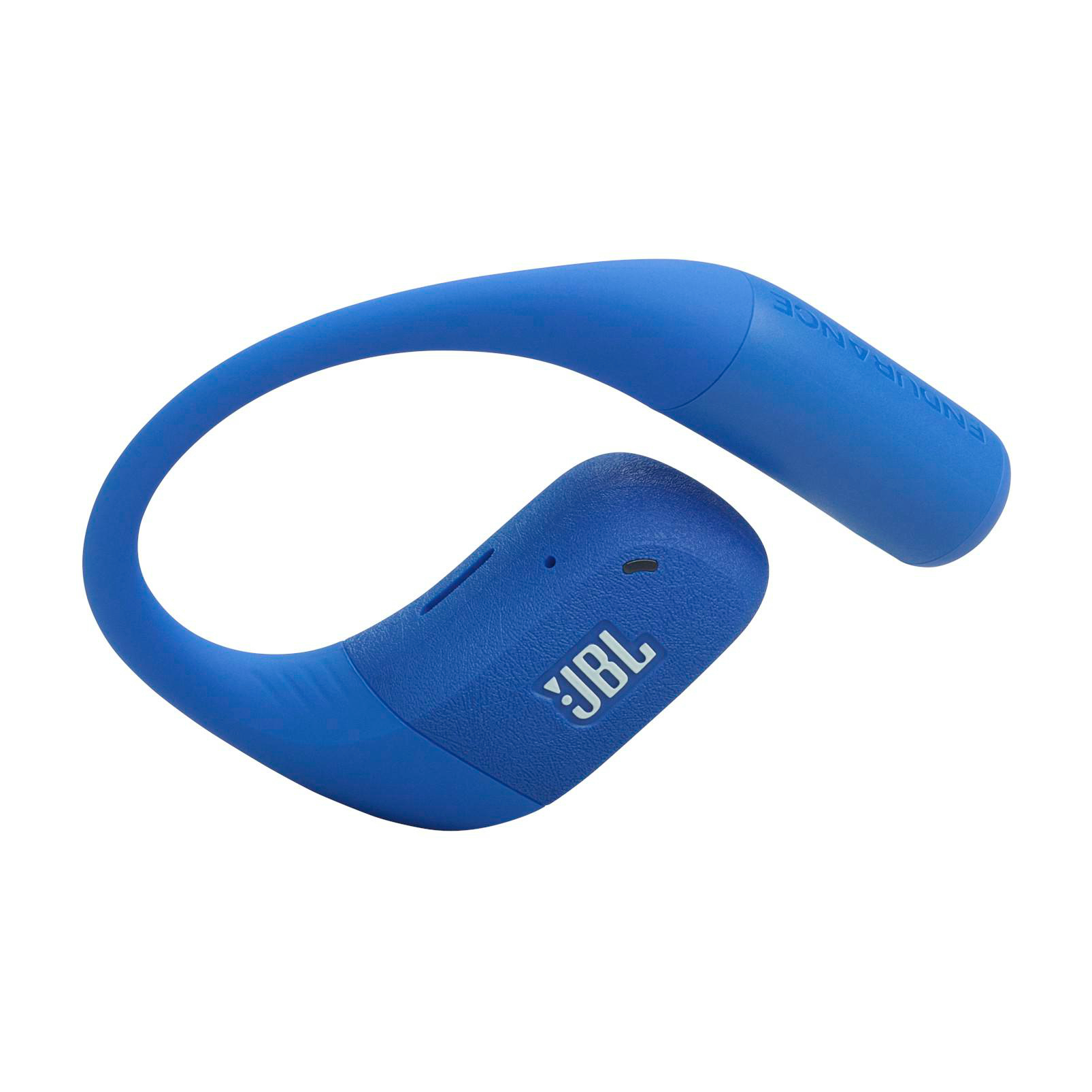 Blaue kabellose JBL Endurance-Kopfhörer. Das Design umfasst einen Ohrbügel und das JBL-Logo.