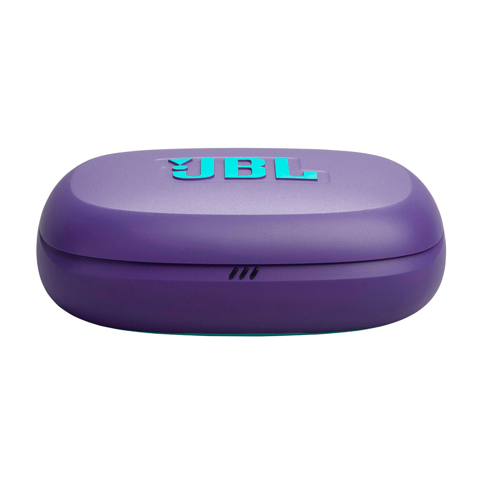 Ein lila JBL-Kopfhörer-Etui mit türkisblauem JBL-Logo. Das Etui ist oval und vor weißem Hintergrund.