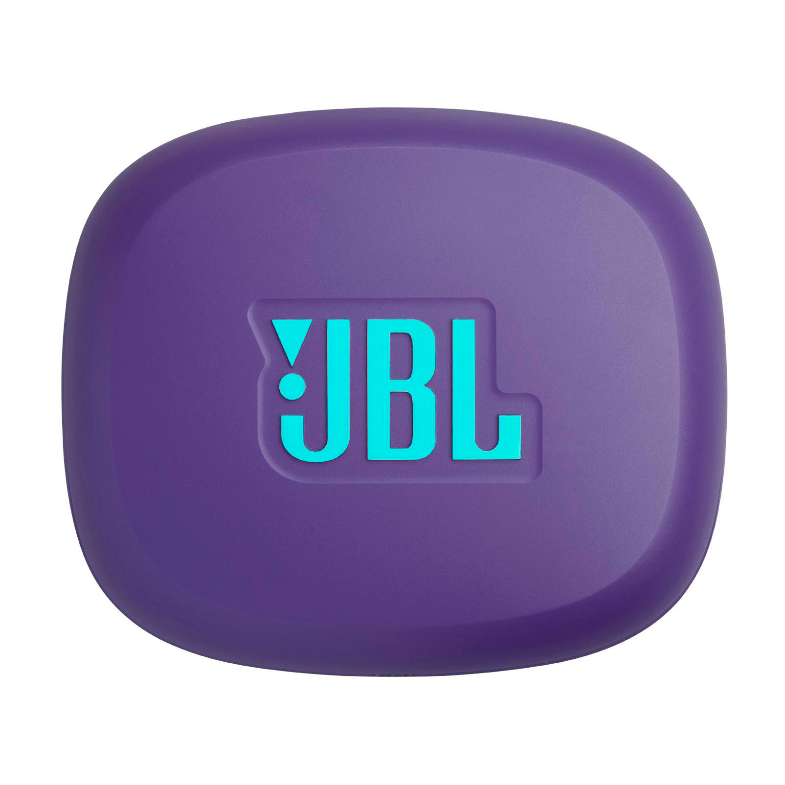 Ein lila JBL-Lautsprecheretui mit dem JBL-Logo in Türkis. Das Etui hat eine abgerundete Form.