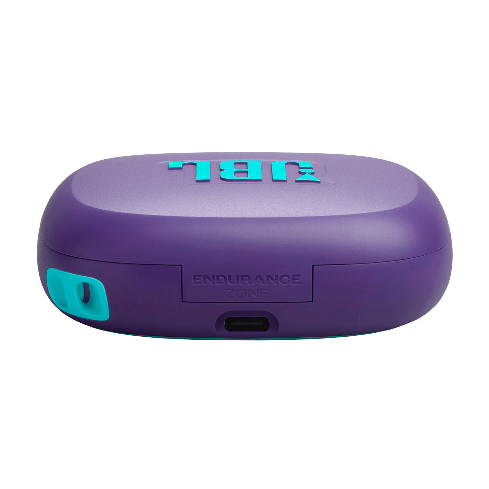 Lila JBL-Ohrhörer-Etui mit türkisfarbenen Akzenten. Türkisfarbenes JBL-Logo oben. Der Text "ENDURANCE ZONE" ist vorne aufgedruckt.