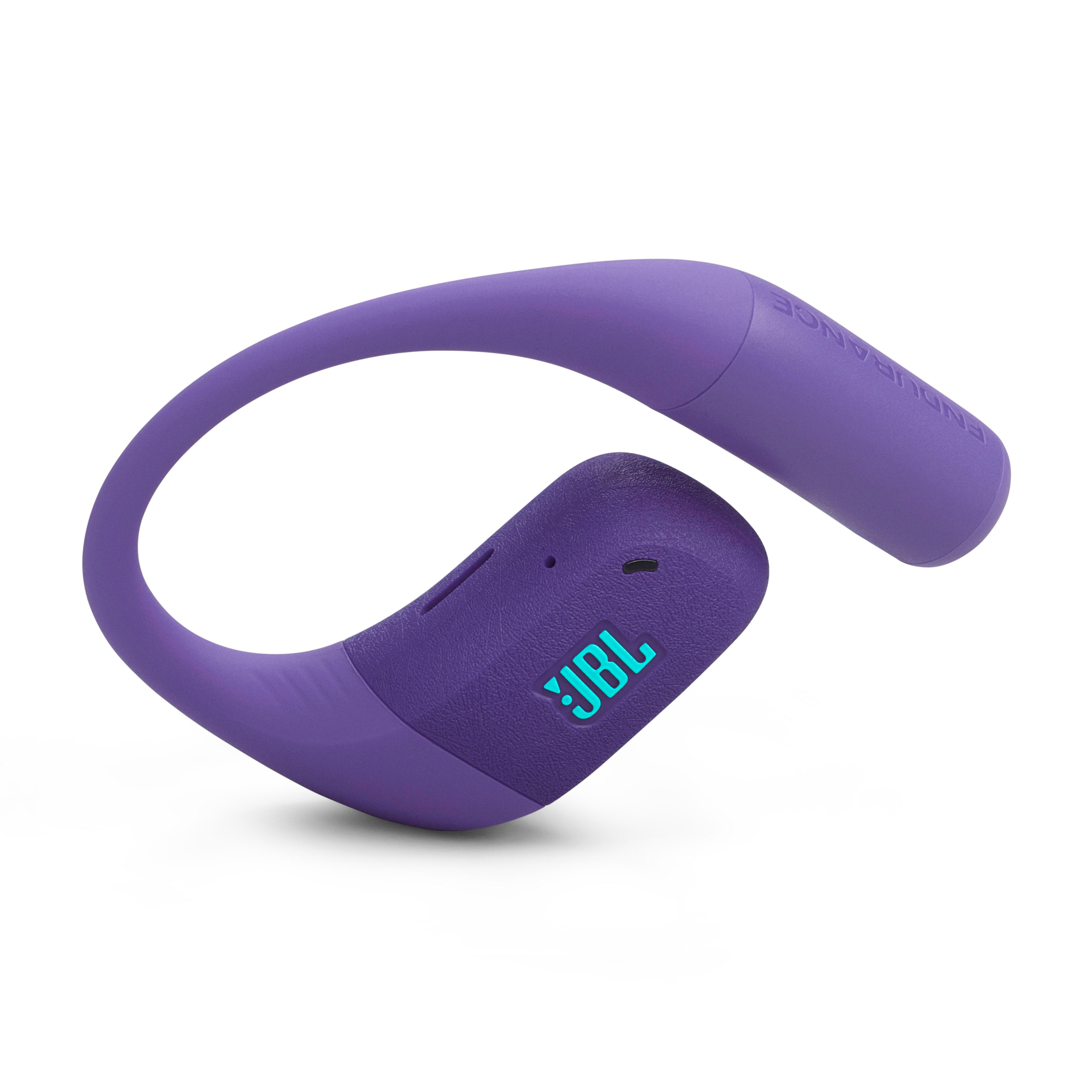 Lila JBL Endurance Kopfhörer. Das Design umfasst einen Ohrbügel und das JBL-Logo. Weißer Hintergrund.