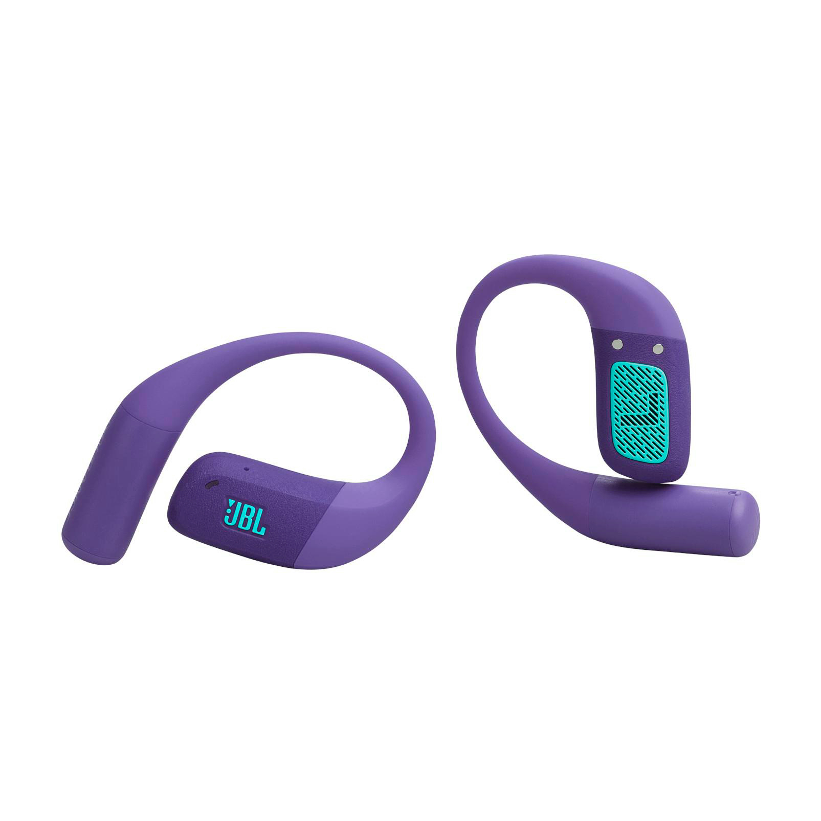 Zwei lila JBL-Kopfhörer. Einer hat das JBL-Logo. Beide haben ein geschwungenes Design mit türkisfarbenen Akzenten.