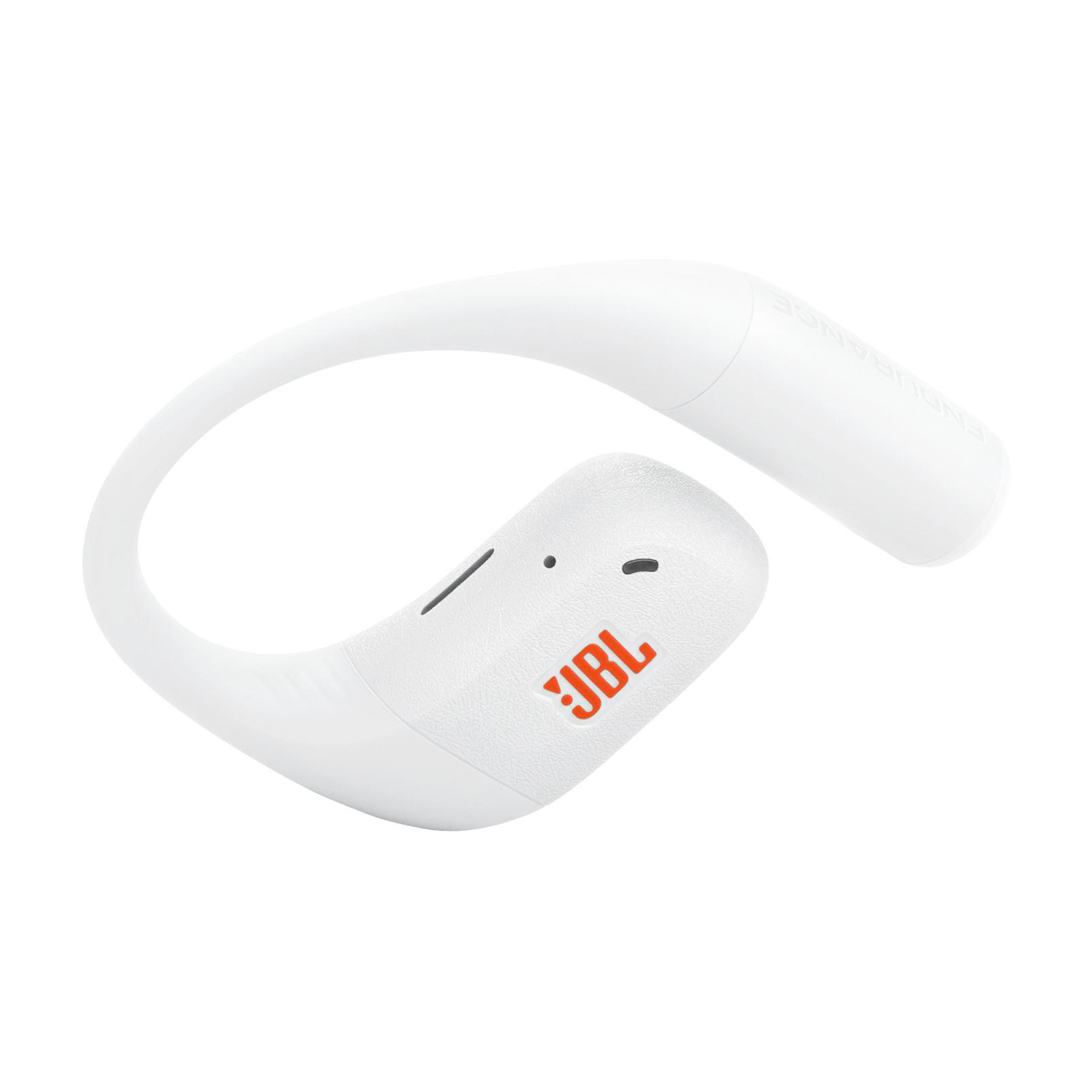 Weiße JBL Endurance Run kabellose Ohrhörer auf weißem Hintergrund. Orangefarbenes JBL-Logo sichtbar.